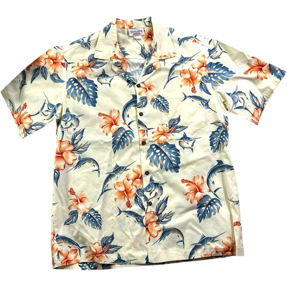 Pacific Legend Made in Hawaii Swordfish Print Button Cotton Shirt